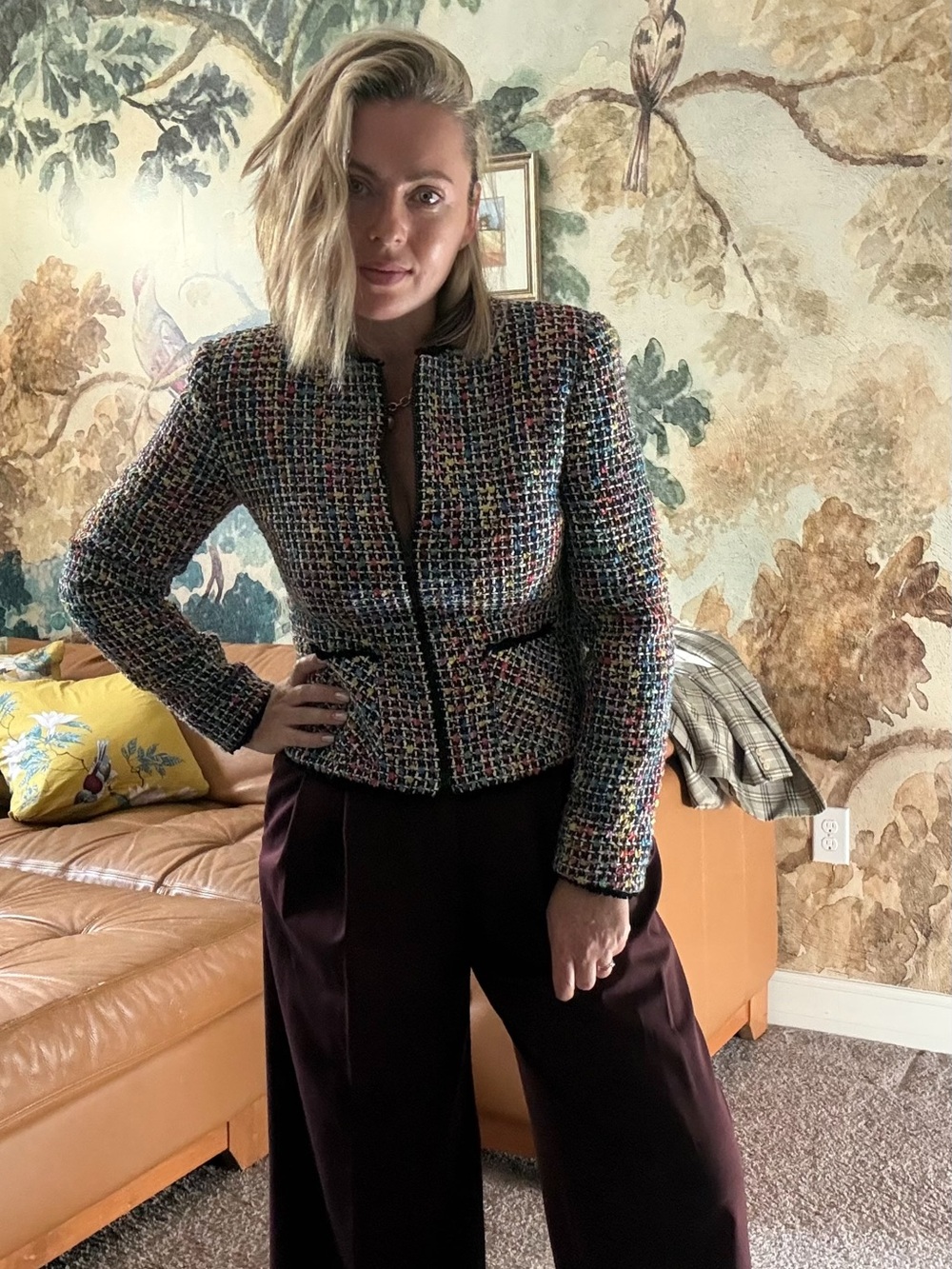 Vintage Anthracite Tweed Jacket Women Size 6 Multicolor Chanel Style Blazer - Picture 8 of 12